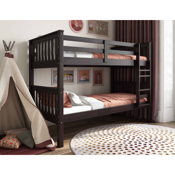 100% Solid Wood Mission Twin Over Twin Bunk Bed, Java