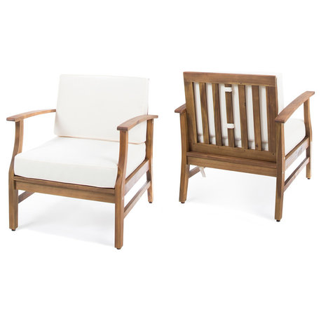 GDF Studio Pearl Outdoor Teak Acacia Wood Club Chairs With Cushion, Cream, Set of 2