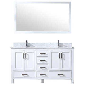 Jacques 60" Double Vanity Cabinet Carrara Marble Top Sinks, 58" Wall Mirror