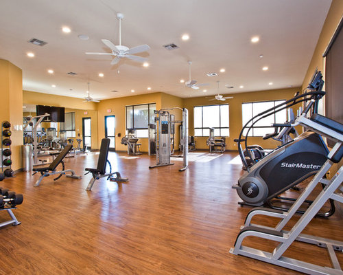 Best Contemporary Home Gym with Yellow Walls Design Ideas & Remodel