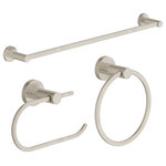 Symmons - 3-Piece Bath Hardware Set, Toilet Paper Holder, Towel Bar, Ring, Satin Nickel - As part of the contemporary and sleek Dia collection, this three piece bathroom hardware set includes a toilet paper holder, 18 inch towel bar, and a hand towel ring for convenient and coordinated bath storage. All three items are built of brass and stainless steel and include wall mounting hardware and instructions for simple and sturdy installations. The towel bar and towel ring have a capacity of up to 50 pounds if toggle anchors are used to secure each item. The toilet paper holder is built to hold a single roll of toilet paper. This matching Dia bathroom set is backed by a limited lifetime consumer warranty and 10 year commercial warranty.