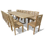 Windsor Teak Furniture - Windsor Grade A Teak 138" x 39" Extension Table /16 Chippendale Stacking Chairs - The Buckingham 138" Double Leaf Teak Extension Table W/16 Chippendale Stacking Chairs comfortably seats 16 people when extended. The table is 86" when closed, 112" with one leaf open , and 138" with both leafs open...giving you 3 different size tables. The table is designed with built-in butterfly pop-up leafs that enables you to open or close the table in 15 seconds. The table also comes with cap covered umbrella hole and a built-in umbrella base. The stylish Chippendale chairs are named after the famous 18th century English cabinetmaker Thomas Chippendale. The Chippendale style furniture in England was the first style of furniture named after a cabinet maker rather then a monarch. These chairs are extremely comfortable with the contoured seats and very practical since they stack for easy storage. Some assembly W/ table. Shipped via truck. 17 Piece Package . Weight: Table 170lbs Chairs 19lbs ea. Total 470 lbs of grade A Teak Quality Teak Packages made to Last a Lifetime! * All Grade A Heirloom Quality Teak, harvested after 45-50 years from sustainable Teak plantations. Only the hearts of the trees are used in Grade A Teak furniture. * Superior craftsmanship with machine-made mortise and tendon joints that provides maximum dependability along with marine grade stainless steel hardware. * Finally, our teak is Kiln-Dried before construction to an optima moisture content of 8-12%. Not sun-dried or air-dried. This allows for the furniture to dry to the core and reduces cracking, splitting, and warping for decades.