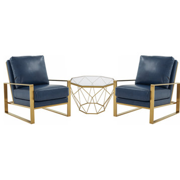 LeisureMod Jefferson Arm Chairs With Gold Frame and Coffee Table, Navy Blue