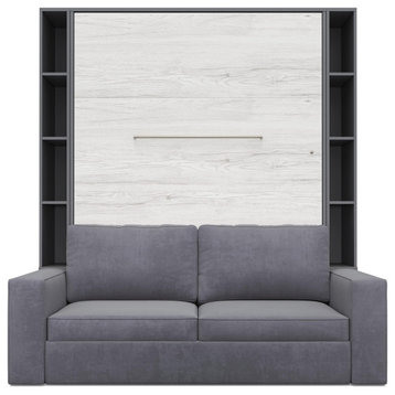 Wall Bed With Sofa, Cabinets, Full XL, Gray/Light Gray Oak/Gray