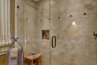 Transitional beige tile and stone tile travertine floor bathroom photo in Nashville