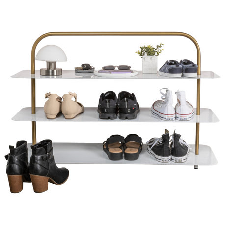 Minimalist 9-Pair 3-Tier Iron Thin Flat Plate Shoe Rack, White/Gold