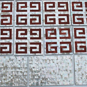 Greek Key Gemstone and Mother of Pearl Tile Bathroom Floor