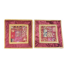 Mogulinterior - Mogul  Ethnic Maroon Cushion Cover Patchwork Sequin Cotton Square Pillow Cases - Pillowcases and Shams