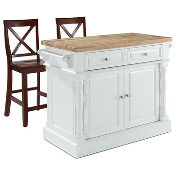 Farmhouse Kitchen Island With 2 X-Back Bar Stools, Natural Countertop, White