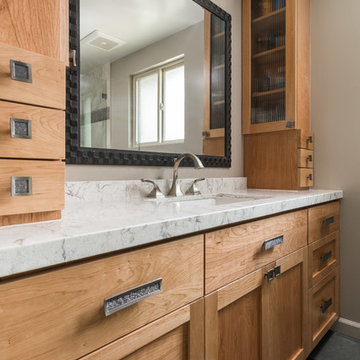 Custom Mediterranean Bathroom Remodel in Woodland Hills with Natural Wood Vanity