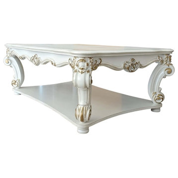 Classic Coffee Table, Curved Legs & Unique Carved Scrolled Detail, Antique Pearl