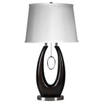 StyleCraft Home Collection - Artistic Table Lamp With Brushed Steel Accents - Showcasing a U-shaped frame with a pull chain in the center, this table lamp is ready to become the focal point of any space, from a living room or dining room to a hallway, office, or bedroom. The frame features a dark walnut finish and contrasting brushed steel accents. The bright white fabric shade is a striking final touch.