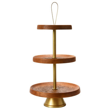 Elegant Modern 3-Tiered Tray/Cake Stand, Natural/Gold, Large