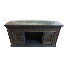 Mogul Interior - Consigned Antique Cart Media Console Dark Brown Teal Patina Sideboards Chest - Buffets And Sideboards
