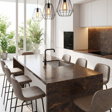 Luxury Copper Sunset Stone Benchtop Kitchen | Modern Waterfall Island Design