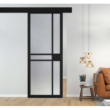 Industrial Loft Style Sliding Barn Door With Glass & Panels , 38"x81", Frosted, Black Painted (Finish)
