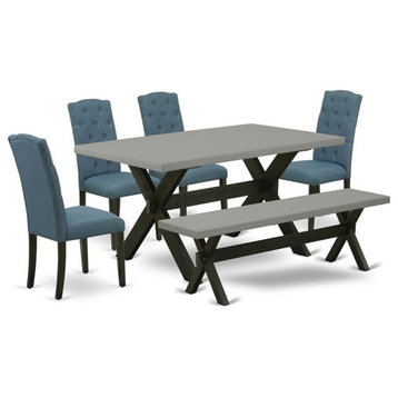 East West Furniture X-Style 6-Piece Wood Dining Set in Black/Cement/Blue