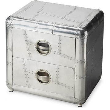 Industrial End Table, Aluminum Construction With Storage Drawers, Silver Finish