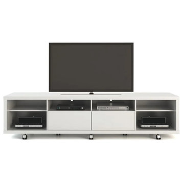 Modern TV Console, Wheeled Design With Shelves and Storage Drawers, Glossy White