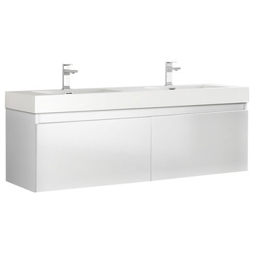 Fresca Mezzo 60" White Wall Hung Double Sink Cabinet With Integrated Sink