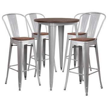 30" Round Silver Metal Bar Table Set with Wood Top and 4 Stools