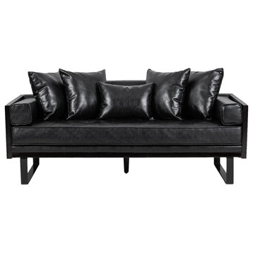 Manbow Faux Leather Upholstered Oversized Loveseat with Accent Pillows, Midnight Black + Black