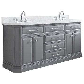72" Palace Quartz Carrara Cashmere Gray Vanity With Hardware, Faucets in Chrome