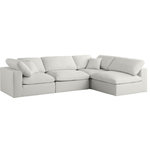 Meridian Furniture - Plush Velvet / Down Standard Comfort L-Shaped Modular Sectional, Cream, 4-Piece: 2 Armless Chair, 2 Corner Chair - No matter how big or little the size of your gang, they can all find their sweet spot when you choose pieces from the Plush collection to build your ideal seating group. Choose this individual Plush piece or pair multiple pieces together to get the custom look everyone will love. The soft cream velvet material is soft and welcoming to the touch, and the set's cushions are overstuffed with a down and feather blend to provide ample support for tired bodies.