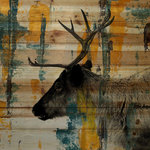 Parvez Michel Inc. - "Teal Yellow Reindeer" Painting Print on Natural Pine Wood, 45"x30" - Striking and unique, the "Teal Yellow Reindeer" Painting Print on Natural Pine Wood by Parvez Taj will bring your walls to life. Printed on natural pine wood, this 45 inch wide by 30 inch tall contemporary artwork will make a statement in any living room, dining room, or bedroom.