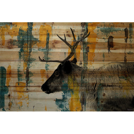 "Teal Yellow Reindeer" Painting Print on Natural Pine Wood, 45"x30"