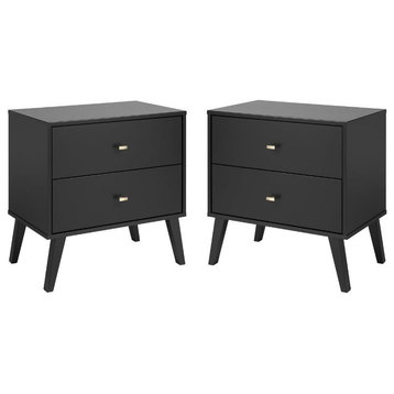 Home Square 2 Piece Mid Century Modern Nightstand Set with 2 Drawer in Black