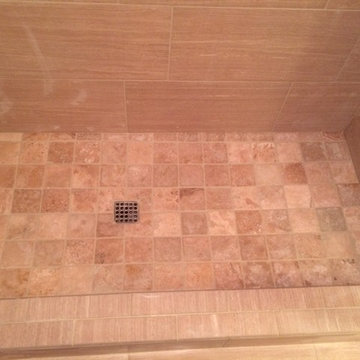 Tile shower. Untraditional brick pattern.