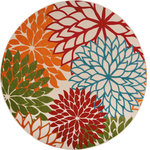 Nourison - Nourison Aloha 7'10" Round Green Tropical Area Rug - This tropical indoor/outdoor rug from the Aloha Collection features a soft cut pile and textural woven patterns in bursts of brilliant color sure to brighten the look of your surroundings. Oversized floral patterns in orange, red, and green add a festive touch of the tropics to your patio, deck, or porch. Machine made from premium stain-resistant fibers for ease of care: simply rinse with a hose and air dry.