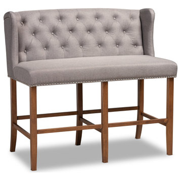 Traditional Bar Heigh Bench, Cushioned Seat With Button Tufted Wingback, Gray