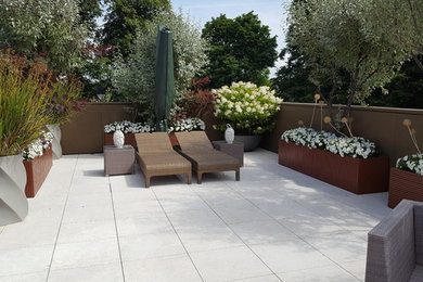 This is an example of a small contemporary rooftop deck in London with a container garden and no cover.