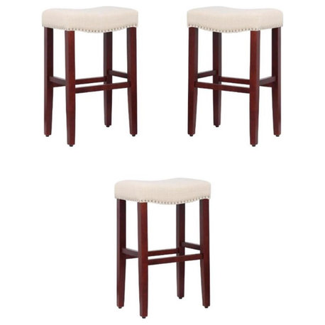 Home Square 29" Saddle Seat Rubberwood Bar Stool in Beige Finish - Set of 3