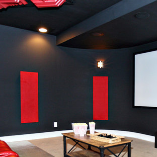 Design ideas for a large bohemian open plan home cinema in Louisville with blue walls, carpet and a projector screen.