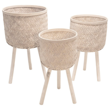 3-Piece Set Bamboo Planters White Wash