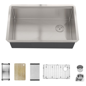 Sinber Single Bowl Kitchen Sink with 304 Stainless Steel Satin Finish, 30"x19" Workstation, Undermount