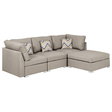 Amira Beige Linen Fabric Sectional Sofa with Ottoman and Pillows