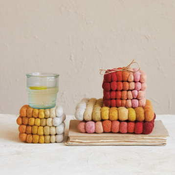Handmade Wool Felt Ball Coasters, Yellow, Orange and Cream, Set of 4