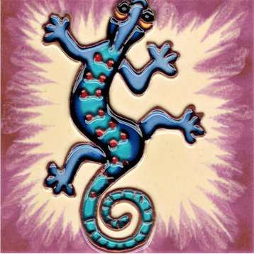 4x4" Blue Lizard With Purple Background Art Tile Ceramic Drink Holder Coaster