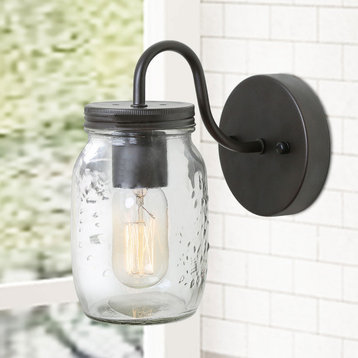 1-Light Matte Black With Seeded Glass Farmhouse Wall Lighting