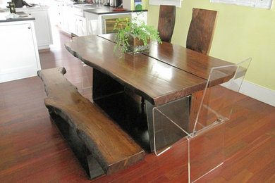 Black Walnut, wood slab dinning table, chairs and bench seet.