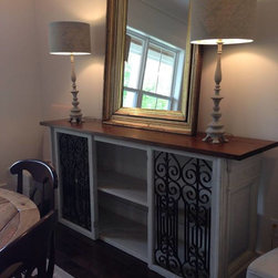 Custom designed console, built from antique French architectural iron panels, an - Console Tables