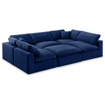 Comfy Upholstered U-Shaped Modular Sectional, Navy, 6-Piece: 3 Armless Chair, 2 Corner Chair, 1 Ottoman, Velvet