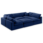 Meridian Furniture - Comfy Upholstered U-Shaped Modular Sectional, Navy, 6-Piece: 3 Armless Chair, 2 Corner Chair, 1 Ottoman, Velvet - Give your space a whole new look with this navy Comfy velvet sectional. This handsome sectional fits nicely with other items in the Comfy collection and is a versatile seating option designed for adaptability, comfort and style. Wrapped in rich navy durable velvet upholstery, this sectional offers a plush embrace of overstuffed down feather cushions, carefully crafted to deliver the highest level of comfort. The perfect seat for creating an oasis for relaxation, this sectional has thick foam surrounding its frame for added support and coziness.