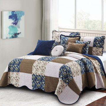 Patchwork Quilted 8-Piece Bed Spread Coverlet Set, Dark Blue, King