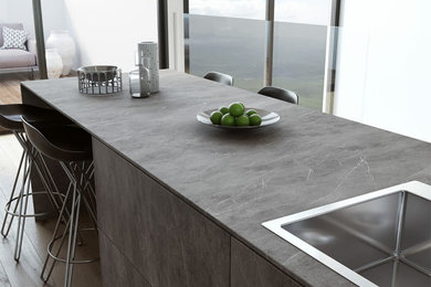 Huge minimalist l-shaped eat-in kitchen photo in Tampa with a single-bowl sink, flat-panel cabinets and an island