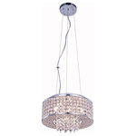 Elegant Furniture & Lighting - Amelie 4-Light Chrome Pendant - Like a brilliant shining star, the Amelie collection of hanging fixtures emits dazzling light from a bejeweled circular band, accented with gleaming strands of royal-cut crystals pouring through the open center. This chrome-finished ring surrounds four to 10 lights (not included) that highlight the intricate pattern of miniature circles that embellish the sides and bottom of the frame. In natural light, or with electricity, this sparkling hanging light would become a stunning showpiece for your space.